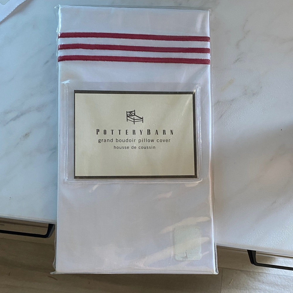 Pottery Barn White Grand Boudoir Pillow Cover with Crimson Stripes